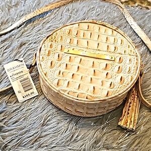 Brahmin Belle Champagne Melbourne genuine leather circle purse with tassel pull.